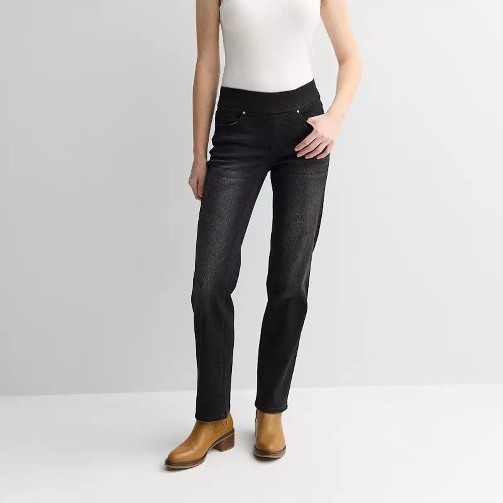 Apt 9 Tummy Control Pull-on Straight Jeans Womens 8 Black Wash Stretch NEW